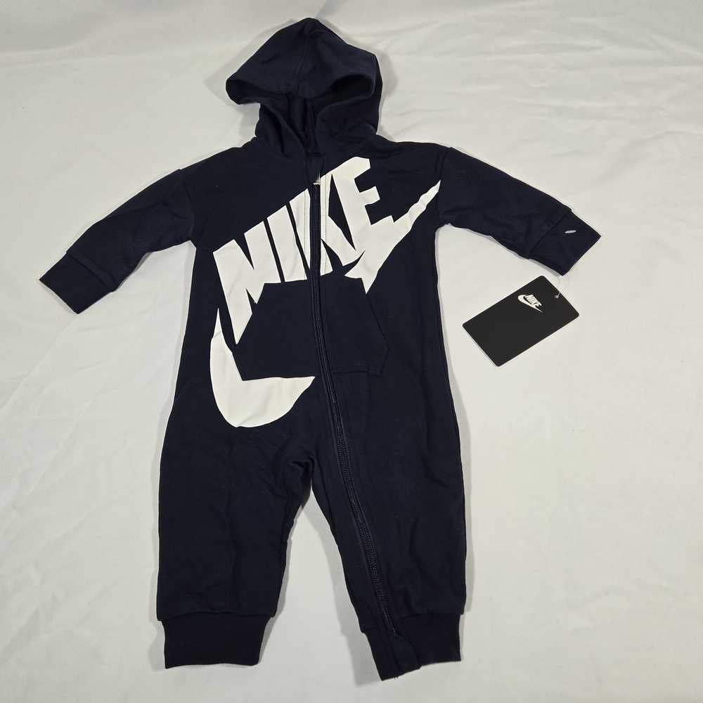 Nike Coverall Boys 6 Months Black Hooded One-Piece Full Zip Logo Romper Fleece